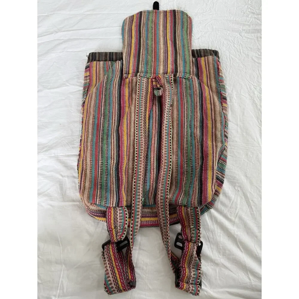 Handmade in Nepal Cotton Multicolor Striped Drawstring Backpack Boho Hippy